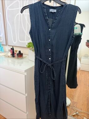 DL1961 Dark Blue Sleeveless Button-Front Denim Midi Dress with Waist Tie